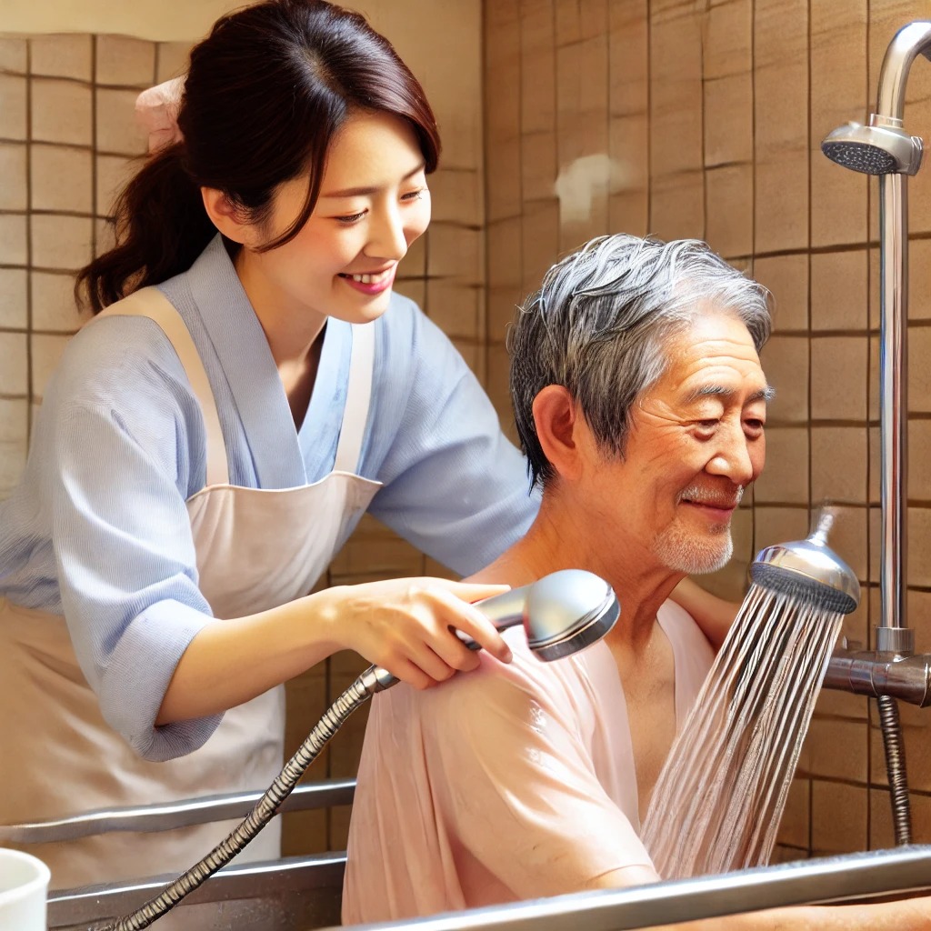DALL·E 2024-07-30 15.48.15 - A scene inside a bathing area of a nursing home in Japan. A 40-year-old Japanese woman is assisting an 80-year-old Japanese man with his bath. Both ar_1722909253.jpg